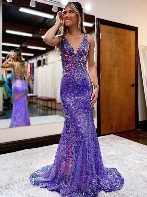 Sheath/Column Sequins V-neck Sleeveless Court Train Dresses 6495