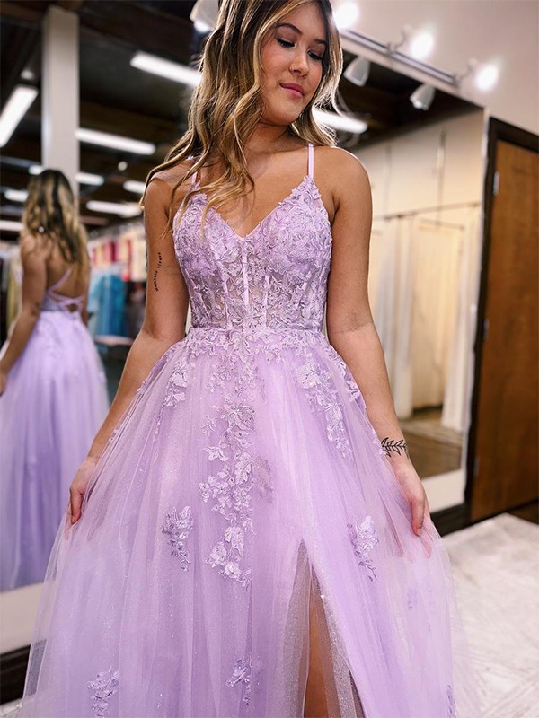 A-Line/Princess Tulle Applique V-neck Sleeveless Floor-Length Dresses 5231