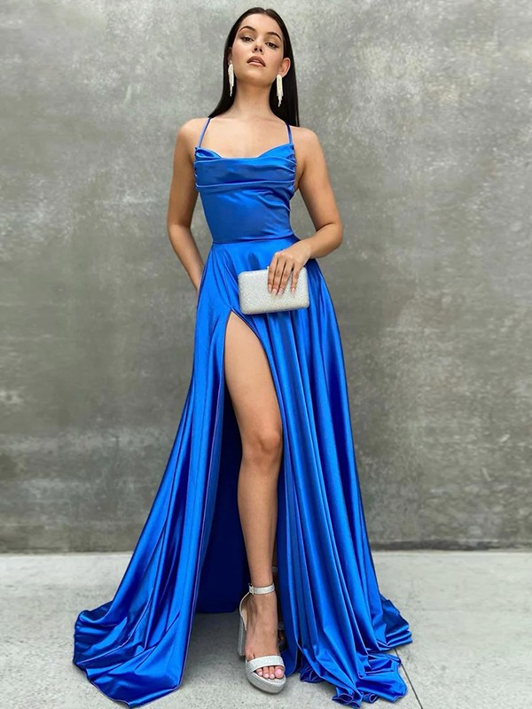 A-Line/Princess Elastic Woven Satin Ruched Spaghetti Straps Sleeveless Sweep/Brush Train Dresses 3520