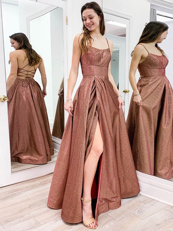 A-Line/Princess Ruffles Spaghetti Straps Sleeveless Floor-Length Dresses 4010