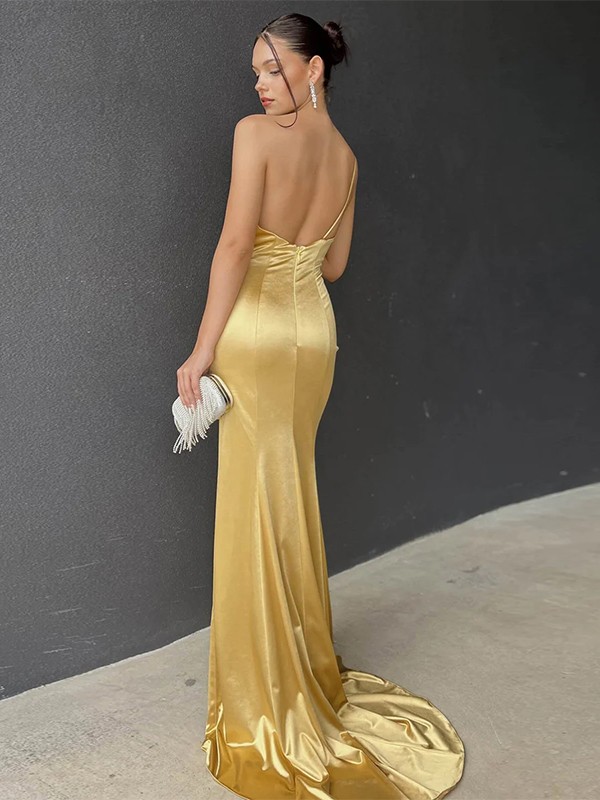 Sheath/Column Silk like Satin Ruched One-Shoulder Sleeveless Sweep/Brush Train Dresses 6528