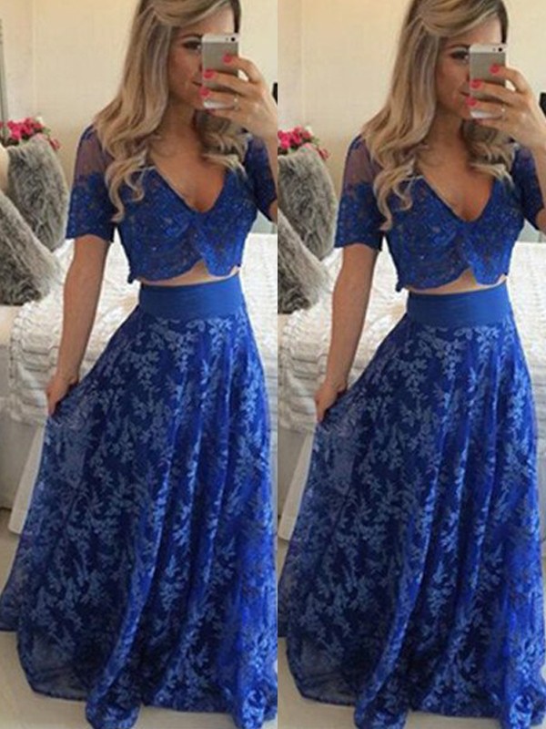 A-Line/Princess V-neck Short Sleeves Floor-Length Lace Two Piece Dresses 5506