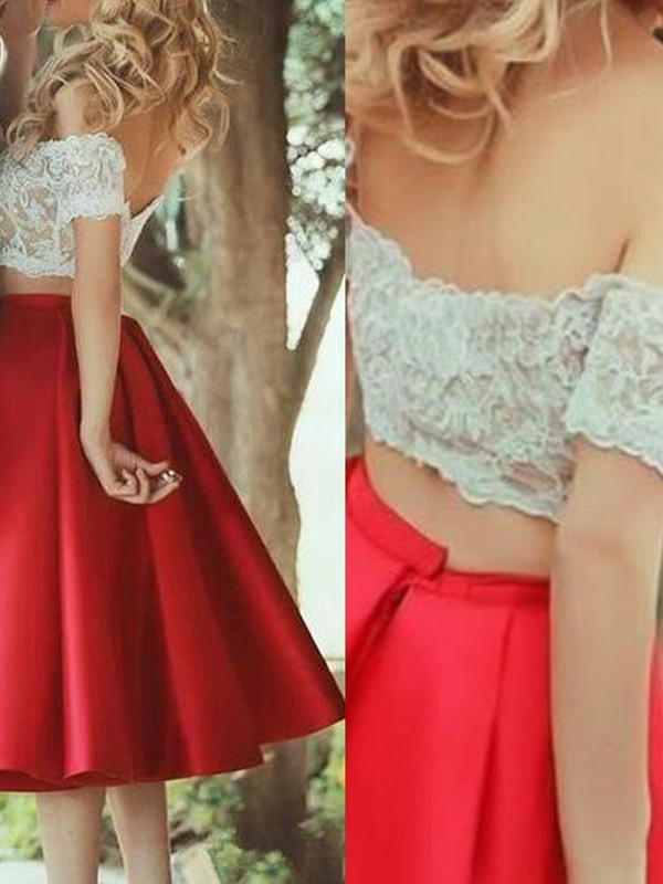 A-Line/Princess Sleeveless Off-the-Shoulder Satin Lace Knee-Length Two Piece Dresses 4555