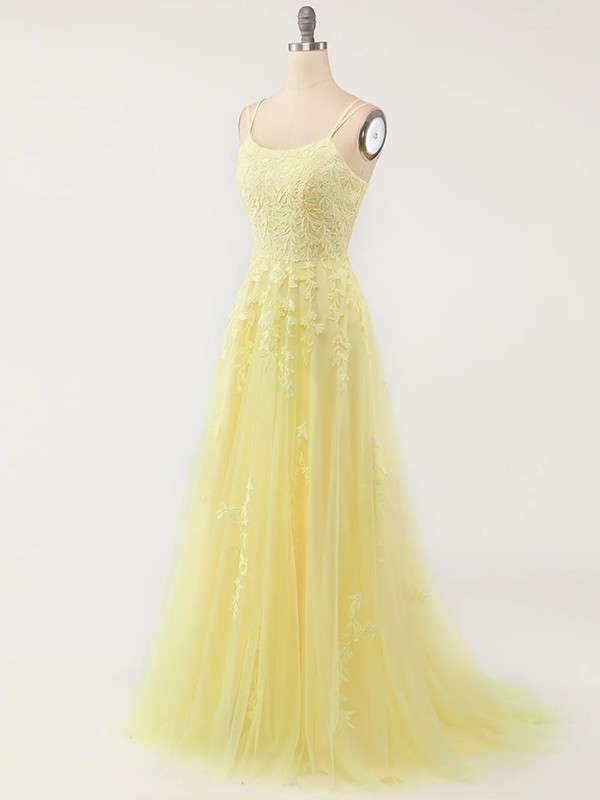 A-Line/Princess Tulle Applique Straps Sleeveless Sweep/Brush Train Dresses 5194