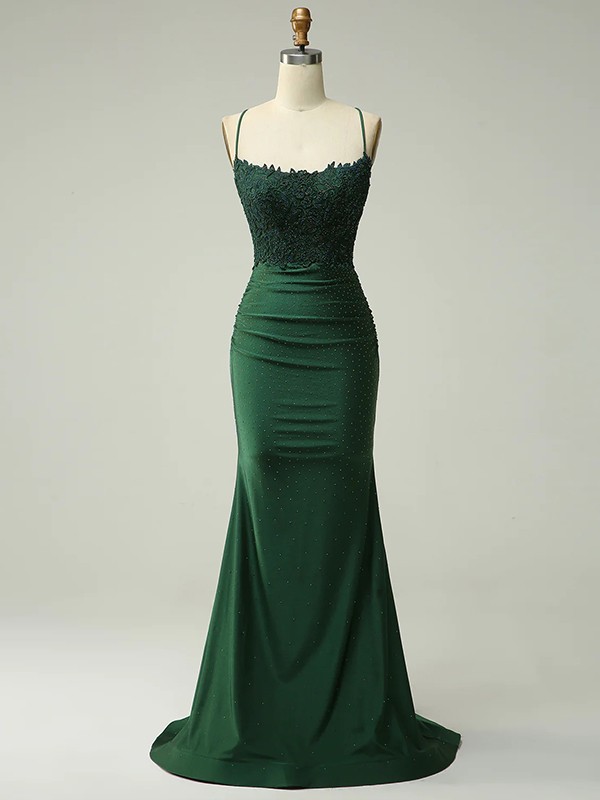 Sheath/Column Jersey Applique Spaghetti Straps Sleeveless Sweep/Brush Train Dresses 5999