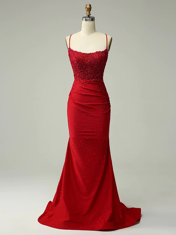 Sheath/Column Jersey Applique Spaghetti Straps Sleeveless Sweep/Brush Train Dresses 5999