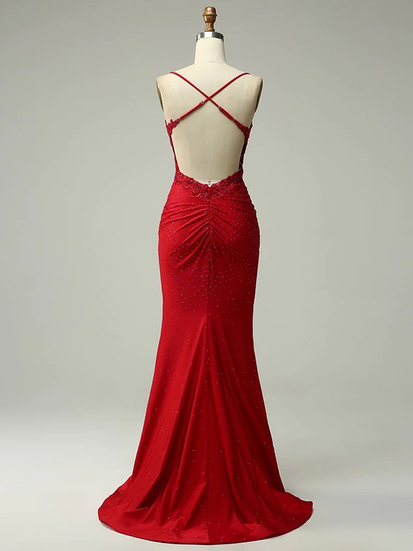 Sheath/Column Jersey Applique Spaghetti Straps Sleeveless Sweep/Brush Train Dresses 5999