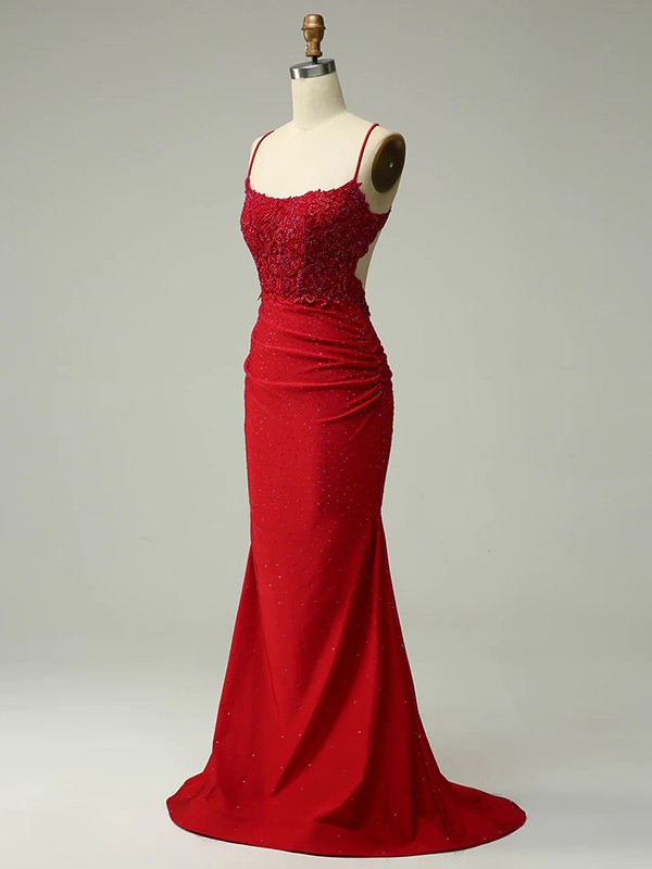 Sheath/Column Jersey Applique Spaghetti Straps Sleeveless Sweep/Brush Train Dresses 5999