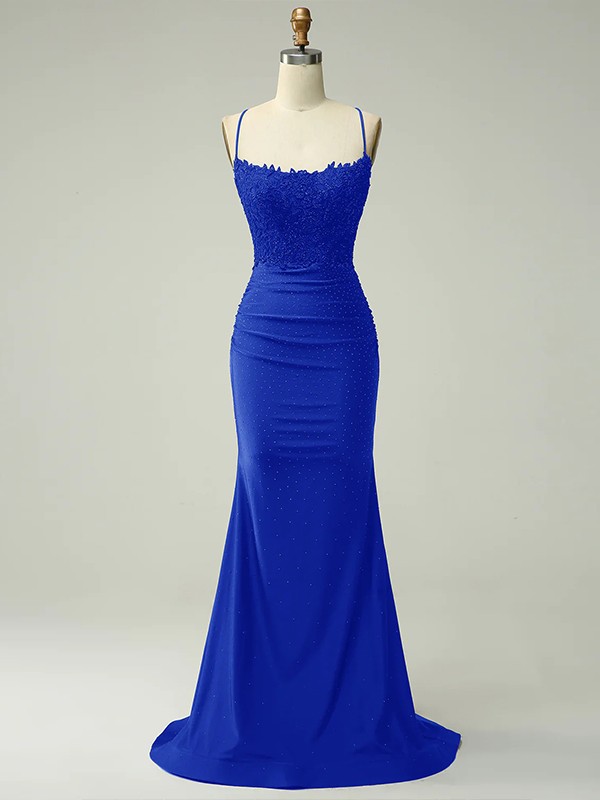 Sheath/Column Jersey Applique Spaghetti Straps Sleeveless Sweep/Brush Train Dresses 5999