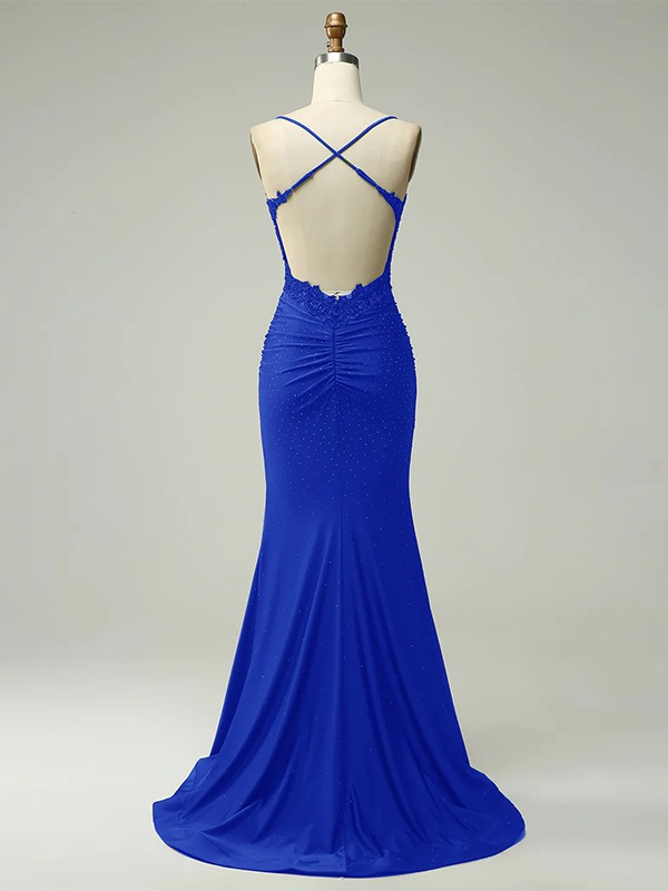 Sheath/Column Jersey Applique Spaghetti Straps Sleeveless Sweep/Brush Train Dresses 5999