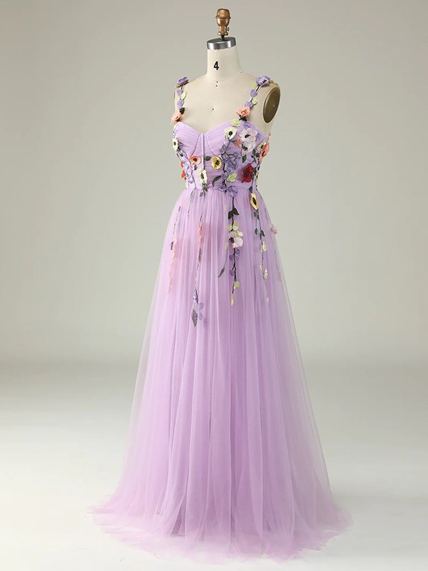 A-Line/Princess Tulle Applique Straps Sleeveless Floor-Length Dresses 5192