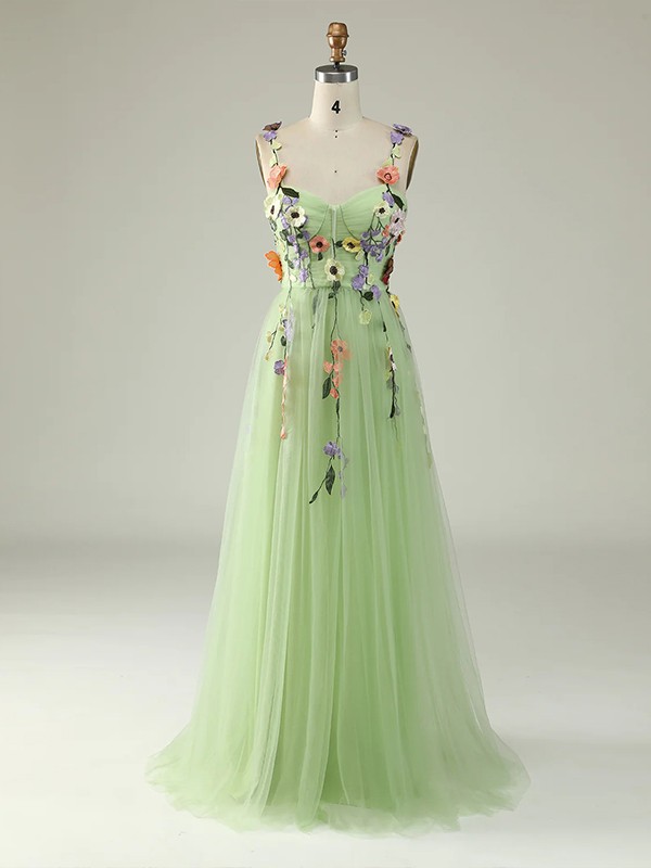 A-Line/Princess Tulle Applique Straps Sleeveless Floor-Length Dresses 5192