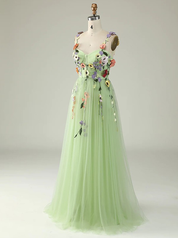 A-Line/Princess Tulle Applique Straps Sleeveless Floor-Length Dresses 5192