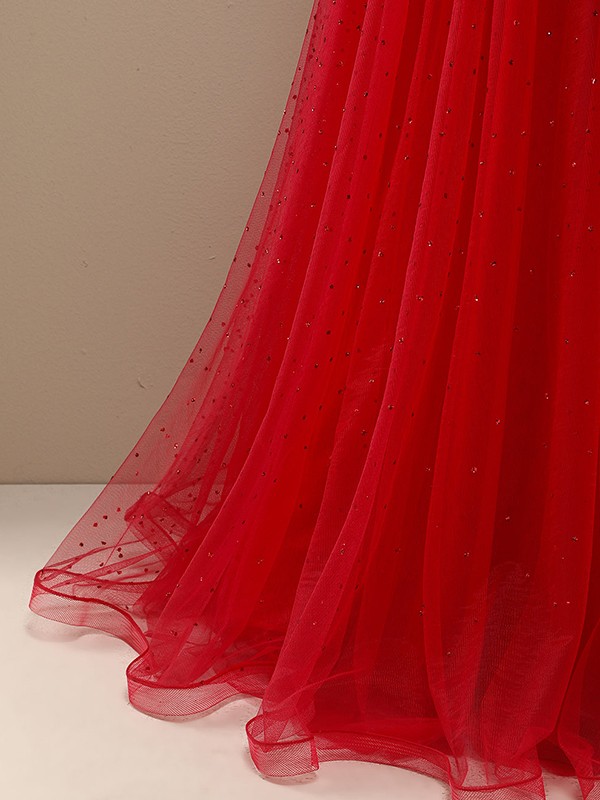 A-Line/Princess Tulle Beading Straps Sleeveless Floor-Length Dresses 5293