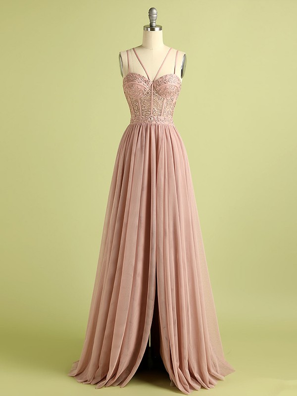 A-Line/Princess Chiffon Applique Straps Sleeveless Floor-Length Dresses 3449