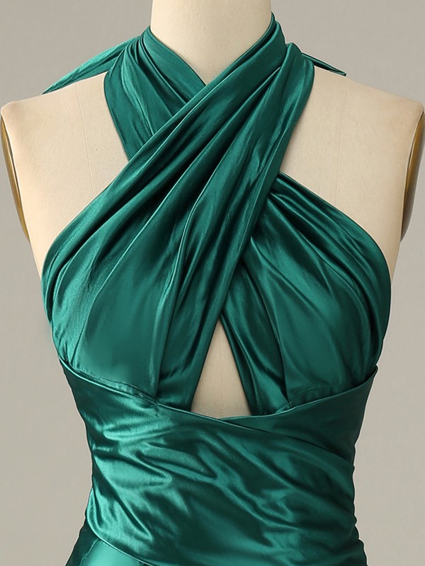 Sheath/Column Elastic Woven Satin Ruched Halter Sleeveless Sweep/Brush Train Dresses 5889