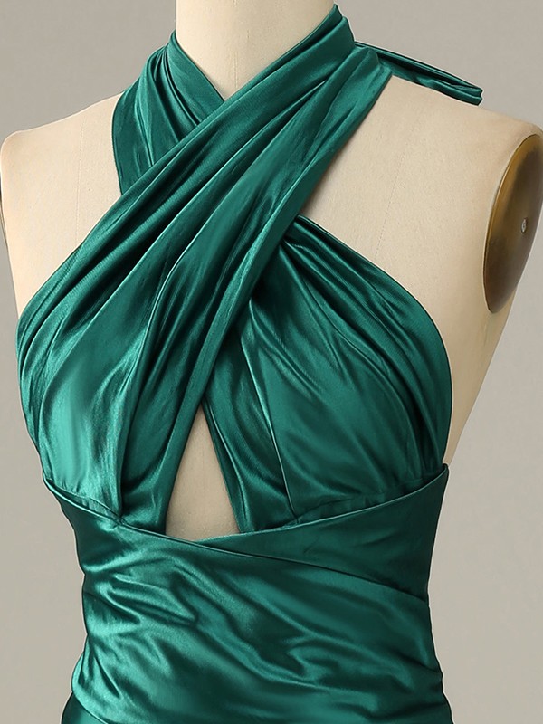 Sheath/Column Elastic Woven Satin Ruched Halter Sleeveless Sweep/Brush Train Dresses 5889