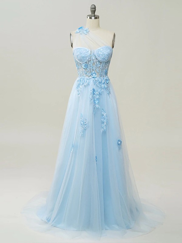 A-Line/Princess Tulle Applique One-Shoulder Sleeveless Sweep/Brush Train Dresses 5159