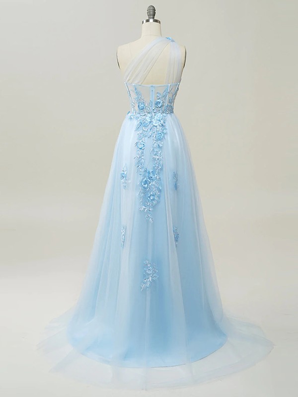 A-Line/Princess Tulle Applique One-Shoulder Sleeveless Sweep/Brush Train Dresses 5159