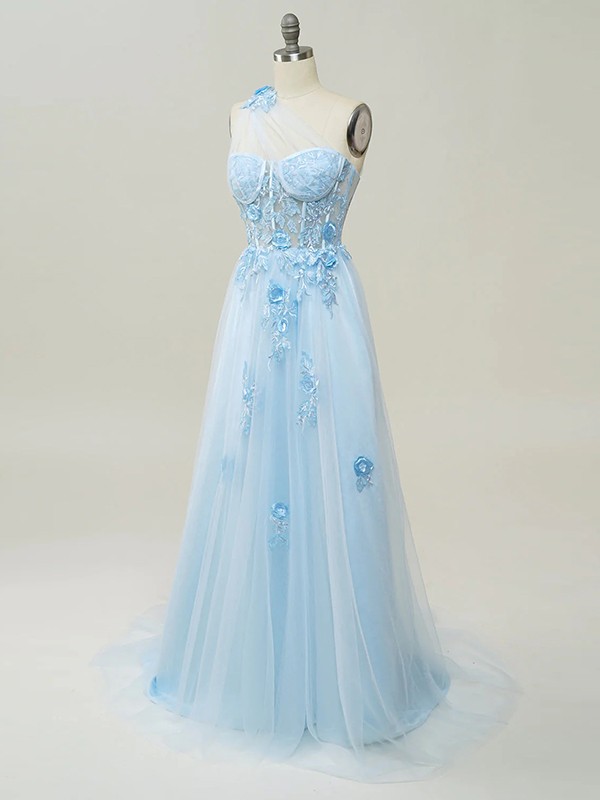 A-Line/Princess Tulle Applique One-Shoulder Sleeveless Sweep/Brush Train Dresses 5159