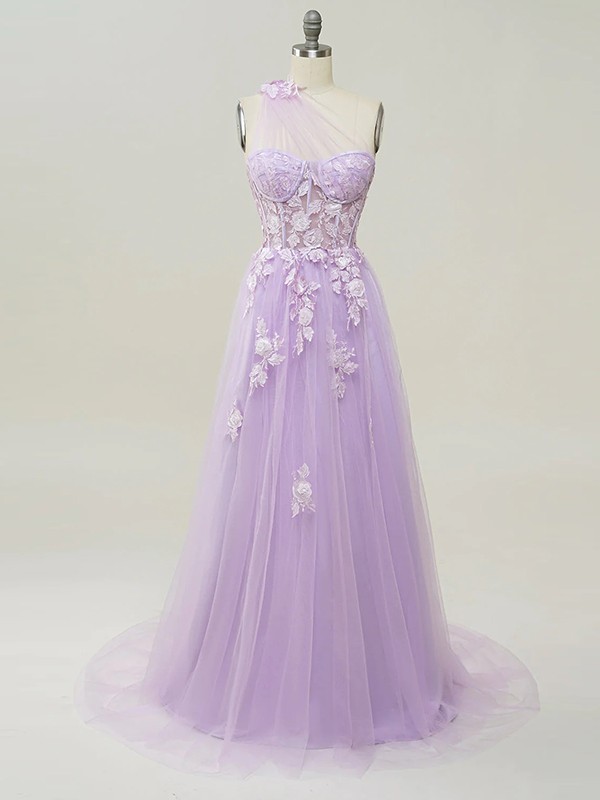 A-Line/Princess Tulle Applique One-Shoulder Sleeveless Sweep/Brush Train Dresses 5159