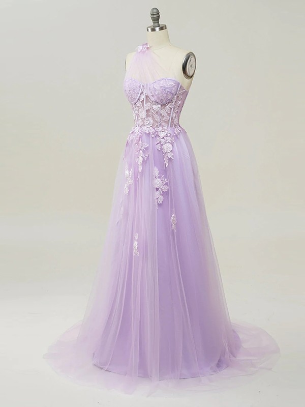 A-Line/Princess Tulle Applique One-Shoulder Sleeveless Sweep/Brush Train Dresses 5159