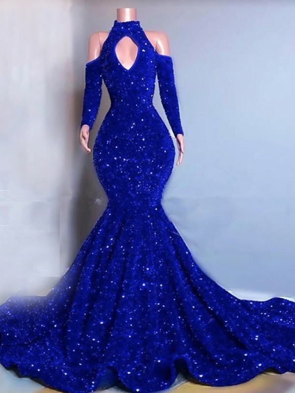 Trumpet/Mermaid Velvet Sequins High Neck Long Sleeves Chapel Train Dresses 7616