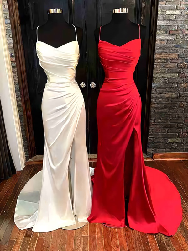 Sheath/Column Elastic Woven Satin Ruched Spaghetti Straps Sleeveless Sweep/Brush Train Dresses 5924