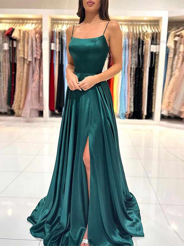 A-Line/Princess Silk like Satin Ruffles Spaghetti Straps Sleeveless Floor-Length Dresses 4456