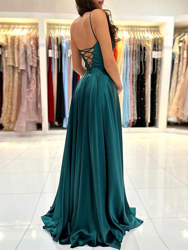 A-Line/Princess Silk like Satin Ruffles Spaghetti Straps Sleeveless Floor-Length Dresses 4456