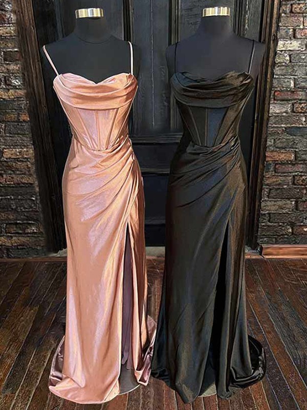 Sheath/Column Silk like Satin Pleats Spaghetti Straps Sleeveless Sweep/Brush Train Dresses 6512