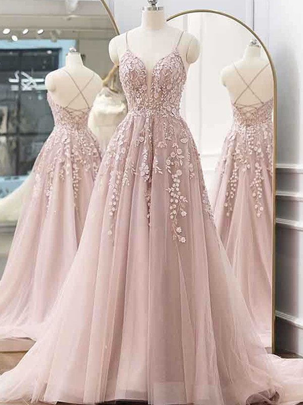 A-Line/Princess Tulle Applique V-neck Sleeveless Sweep/Brush Train Dresses 5271