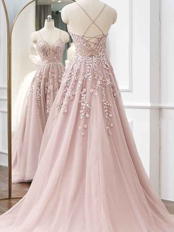 A-Line/Princess Tulle Applique V-neck Sleeveless Sweep/Brush Train Dresses 5271