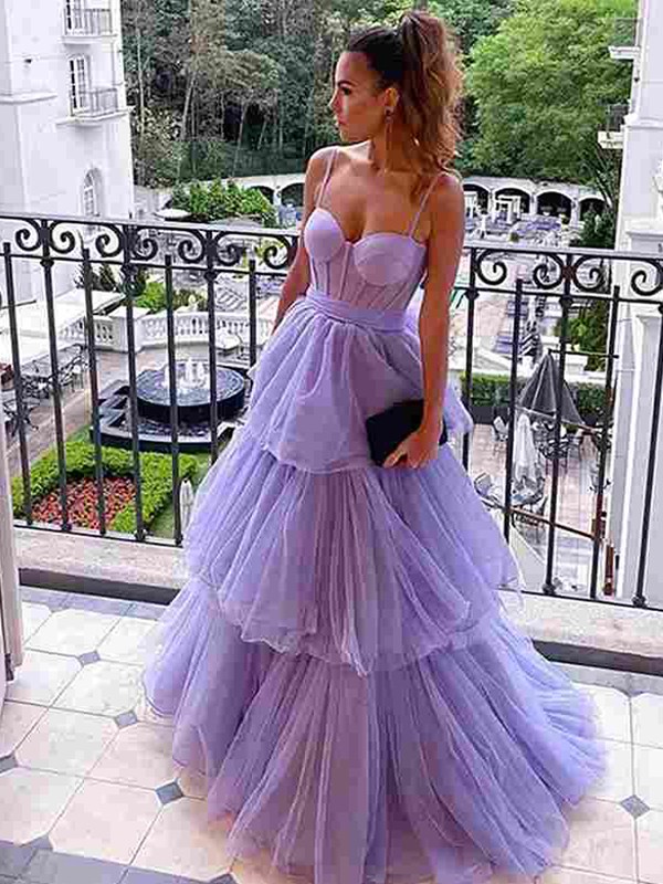 A-Line/Princess Tulle Layers Spaghetti Straps Sleeveless Floor-Length Dresses 5332