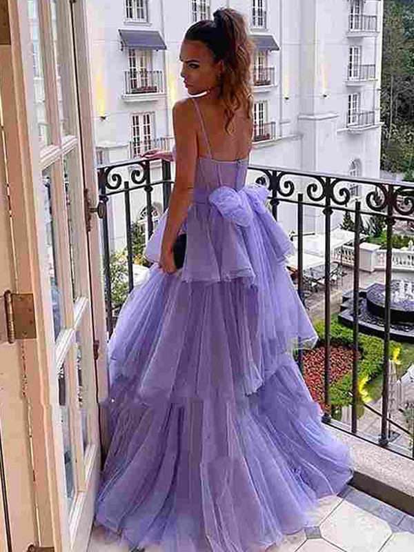 A-Line/Princess Tulle Layers Spaghetti Straps Sleeveless Floor-Length Dresses 5332