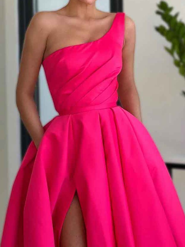 A-Line/Princess Satin Ruched One-Shoulder Sleeveless Floor-Length Dresses 4128