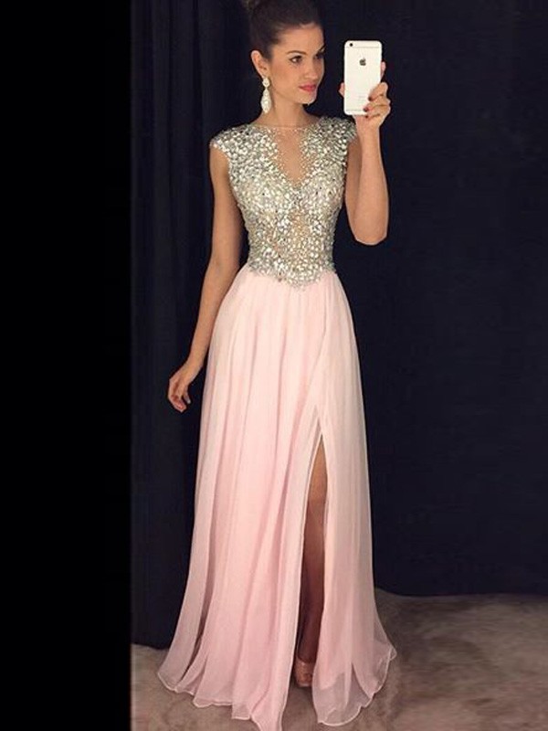 A-Line/Princess Sleeveless Bateau Chiffon Sequin Floor-Length Dresses 4488