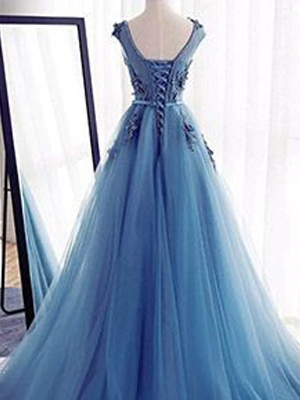 Ball Gown Sleeveless Jewel Sweep/Brush Train Applique Tulle Dresses 5698