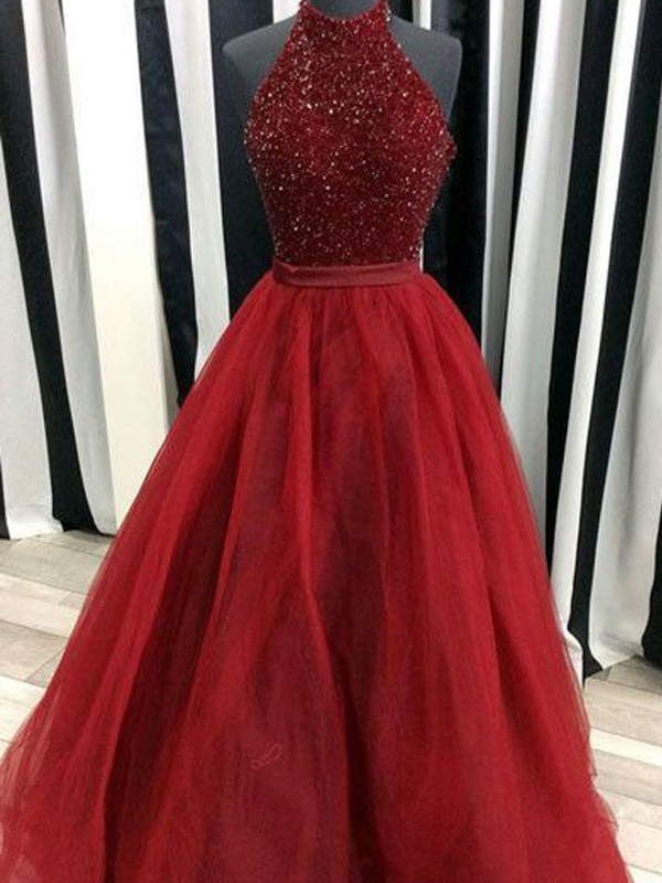 Ball Gown High Neck Sleeveless Floor-Length Beading Organza Dresses 5630