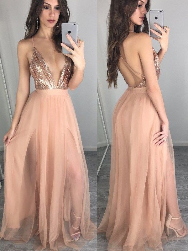 A-Line/Princess Sleeveless Spaghetti Straps Chiffon Floor-Length Sequin Dresses 4593