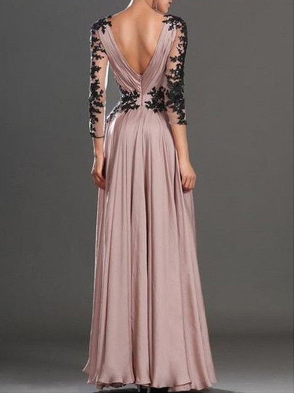 A-Line/Princess Long Sleeves V-neck Chiffon Applique Floor-Length Dresses 3772