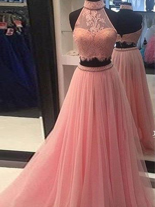 A-Line/Princess Sleeveless High Neck Tulle Lace Floor-Length Two Piece Dresses 4539