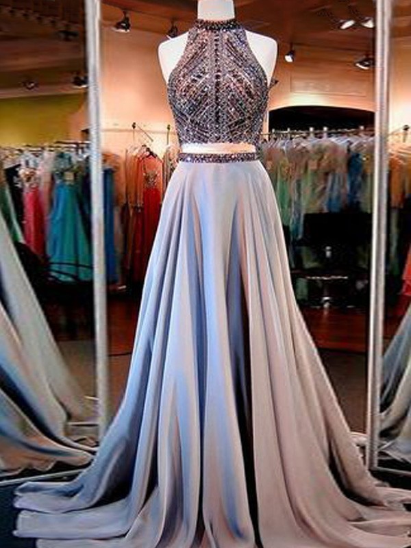 A-Line/Princess Sleeveless High Neck Satin Beading Sweep/Brush Train Two Piece Dresses 4534