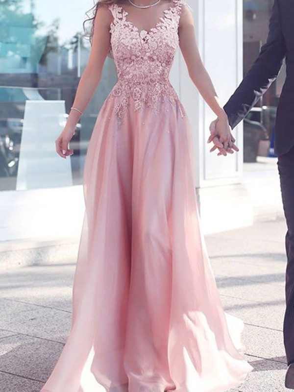 A-Line/Princess Sweetheart Sleeveless Floor-Length Applique Chiffon Dresses 5074