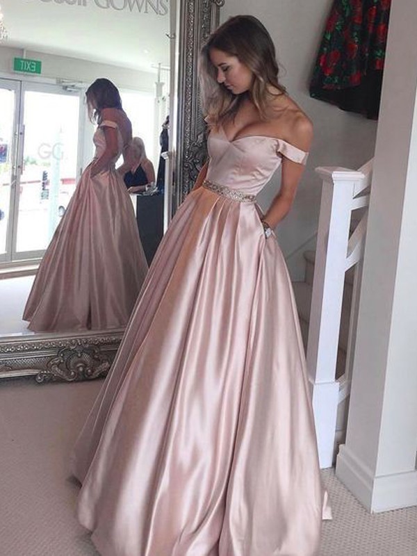 A-Line/Princess Off-the-Shoulder Sleeveless Floor-Length Satin Dresses 3814