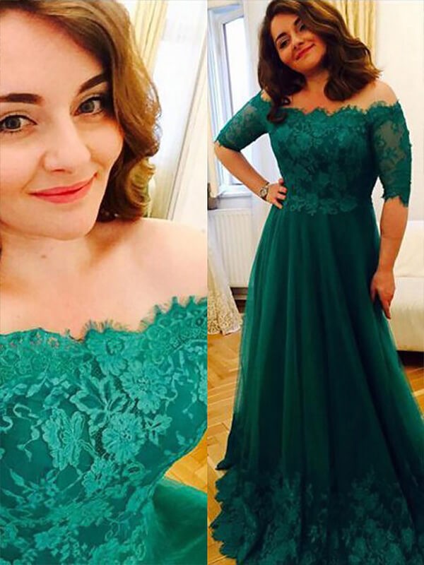 A-Line/Princess Short Sleeves Tulle Off-the-Shoulder Applique Floor-Length Plus Size Dresses 4434