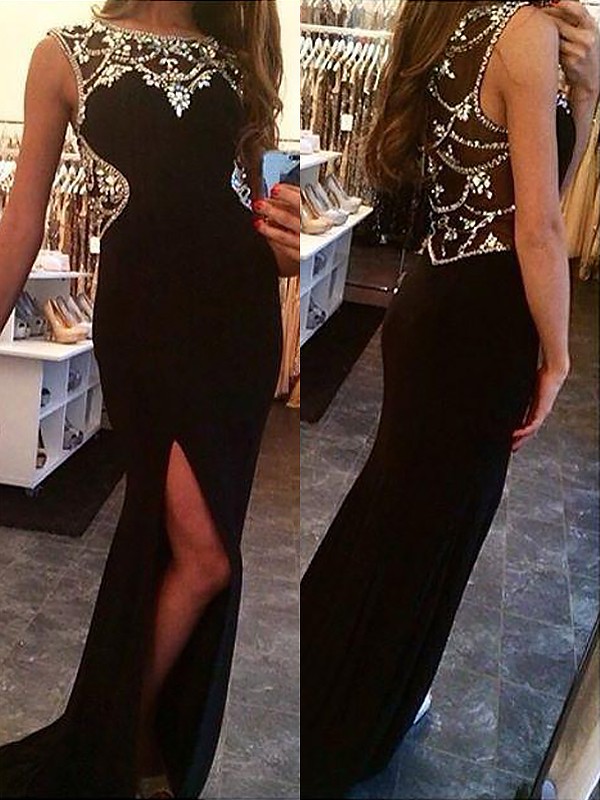 Sheath/Column Bateau Sleeveless Sweep/Brush Train Beading Spandex Dresses 5845