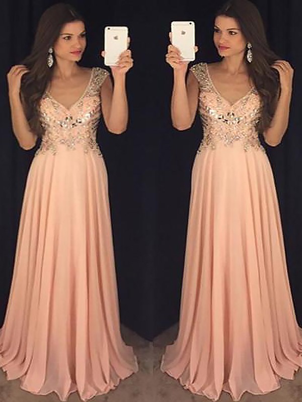 A-Line/Princess Sleeveless V-neck Chiffon Paillette Floor-Length Dresses 4641