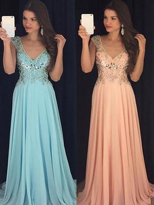 A-Line/Princess Sleeveless V-neck Chiffon Paillette Floor-Length Dresses 4641