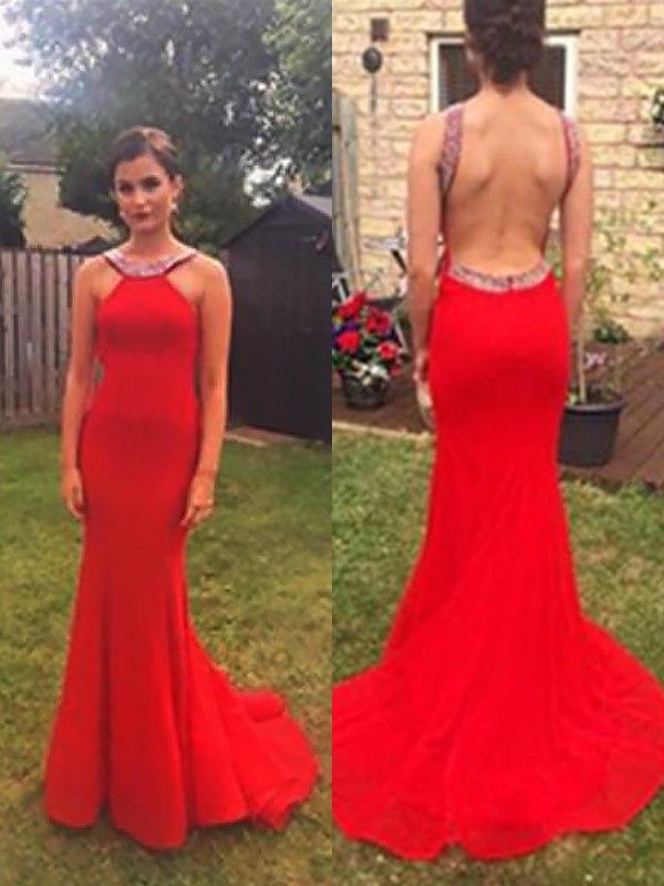 Sheath/Column Sleeveless Beading Floor-Length Halter Chiffon Dresses 6591